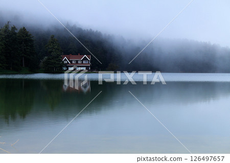 forest outside the city in turkey. Lake house in golcuk, bolu. forest outside the city in turkey. Lake house in golcuk, bolu. 126497657