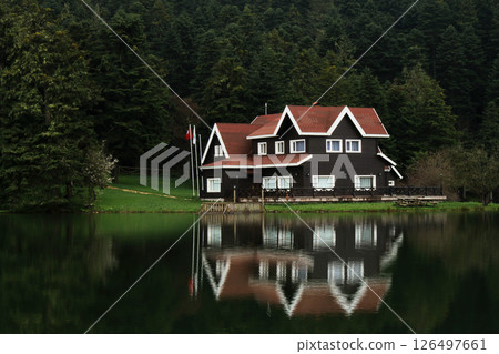 forest outside the city in turkey. Lake house in golcuk, bolu. forest outside the city in turkey. Lake house in golcuk, bolu. 126497661