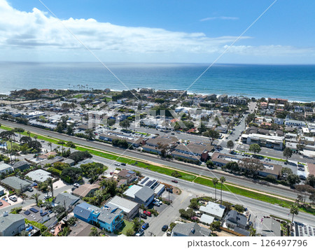 Aerial view of Encinitas town with ocean in San Diego, South California 126497796