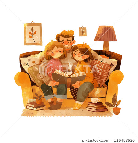 Family enjoys cozy time reading together on a sofa with warm lighting and comfy decor 126498626