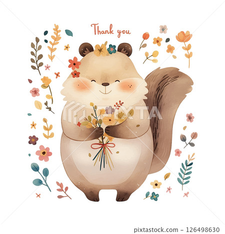 Cute cartoon squirrel holding flowers with a thank you message surrounded by colorful flowers in a playful design 126498630