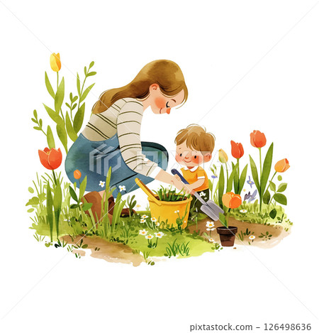 Mother and son gardening together, planting flowers in a colorful garden during a sunny afternoon in spring 126498636