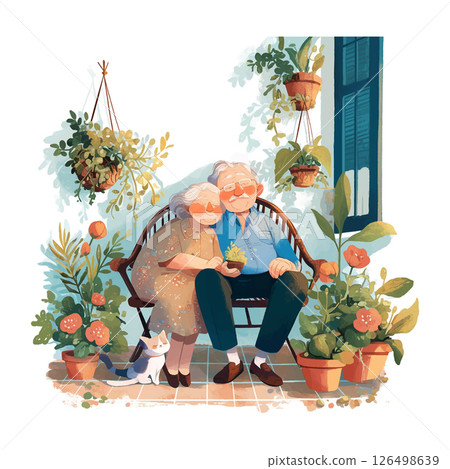 Elderly couple enjoying time together on a sunny patio surrounded by plants and a cat 126498639