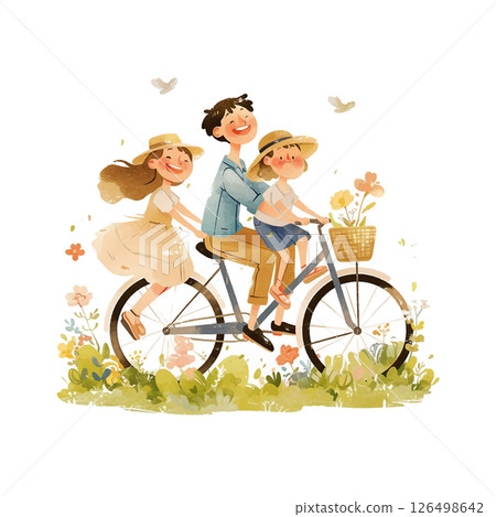 Family enjoys a sunny spring day while riding a bicycle through a flower-filled park Family enjoys a sunny spring day while riding a bicycle through a flower-filled park 126498642