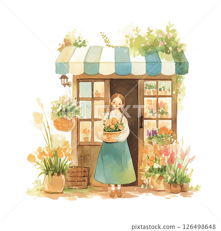 Beautiful flower shop with a young woman holding potted plants in a quaint neighborhood setting Beautiful flower shop with a young woman holding potted plants in a quaint neighborhood setting 126498648