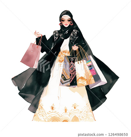 Woman in traditional dress carrying shopping bags in a vibrant market during a cultural celebration 126498650