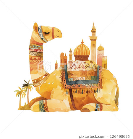 Colorful illustration of a resting camel with an Arabic cityscape in the background during daytime in a desert setting 126498655