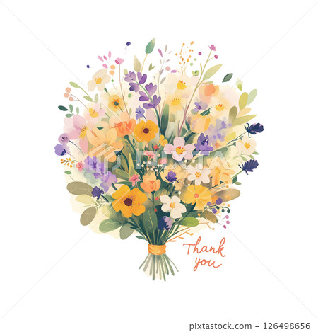 Colorful flower bouquet arrangement with heartfelt thank you message for any occasion 126498656