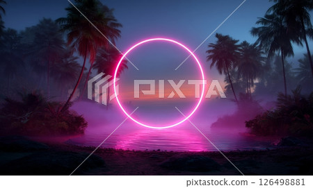 Neon Circle in Tropical Sunset Landscape 126498881