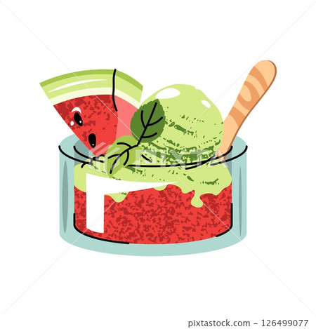 Watermelon Sorbet Flat Illustration in Glass Bowl with Fruit Piece on White Background. Minimalist Design for Stickers, Logos, Summer Graphics, Food Packaging and Digital Art Projects. 126499077