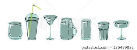 Empty Glass and Cocktail Glass Set in Flat Design on White Background. Minimalist Vector Illustrations for Beverage Packaging, Drink Branding, Labels, Summer Graphics and Creative Projects. 126499082