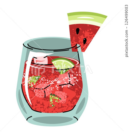Watermelon Cocktail Flat Illustration with Ice Cubes, Lime Slice, Mint Leaves and Fruit Piece on White Background. Fresh Summer Drink Design for Stickers, Logos, Beverage Branding, Social Media. 126499083