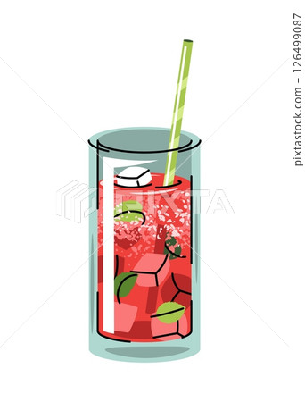 Watermelon cocktail with ice, mint leaves and straw, flat design vector illustration on white background. Refreshing summer drink, cold fruity beverage. Perfect for bar menu, food packaging, cafe 126499087