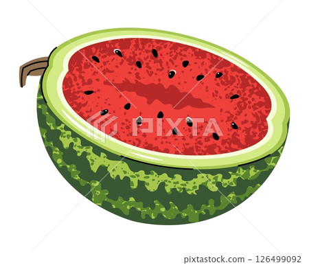 Half watermelon on white background. Flat design fresh fruit slice. For stickers, logo design, food packaging, summer branding. Vector illustration 126499092