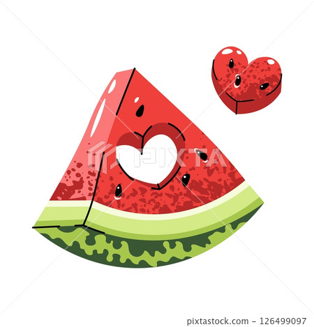 Watermelon slice with heart-shaped cutout isolated on white. Flat design slice with missing heart piece on white. For love logo, Valentine packaging, couple apparel, sticker, summer wedding deco 126499097