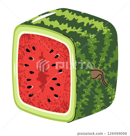Square watermelon half isolated on white. Flat design illustration of asian juicy fruit slice. Perfect for sticker, logo, food packaging, summer branding, menu design, organic product, market label 126499098