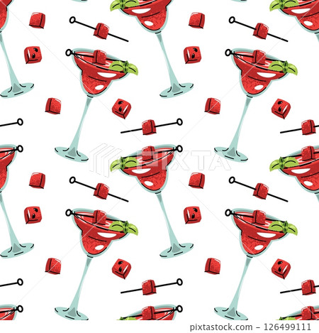 Watermelon cocktail seamless pattern. Background with drink and fresh slice in flat style. Summer bar party, tropical wallpaper, beverage packaging, resort textiles. Vector illustration. 126499111