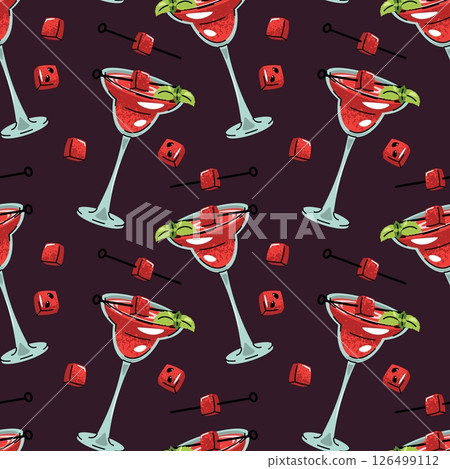 Watermelon cocktail seamless pattern. Background with drink and fresh slice in flat style. Summer bar party, tropical wallpaper, beverage packaging, resort textiles. Vector illustration. 126499112