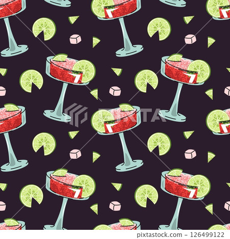 Watermelon Cocktail Seamless Pattern with Lime Slice and Crushed Ice in Flat Design for Summer Graphics Beverage Packaging Backgrounds and Drink Themed Visuals Watermelon Cocktail Seamless Pattern with Lime Slice and Crushed Ice in Flat Design for Summer Graphics Beverage Packaging Backgrounds and Drink Themed Visuals 126499122