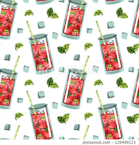 Summer Drink Seamless Pattern. Watermelon Cocktail with Ice and Mint in flat style. Perfect for Bar Branding, Drink Menus, Party Decor, Summer Packaging. Refreshing Vector Art Summer Drink Seamless Pattern. Watermelon Cocktail with Ice and Mint in flat style. Perfect for Bar Branding, Drink Menus, Party Decor, Summer Packaging. Refreshing Vector Art 126499123
