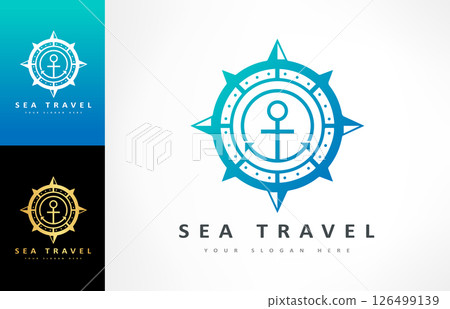 Anchor and compass logo vector. Ship and tourism design. Tourist navigation device Anchor and compass logo vector. Ship and tourism design. Tourist navigation device 126499139