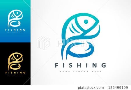 Fishing logo vector. Fish and rod design. Shop everything for fishing. Fishing gear 126499199