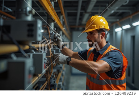 Electrician working with wiring in industrial control panel 126499239