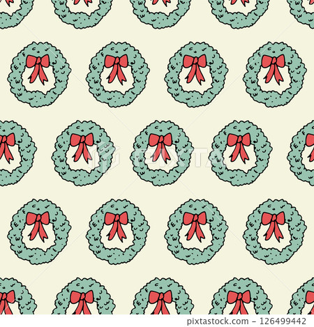 Seamless doodle christmas pattern with christmas wreaths. 126499442