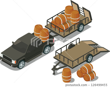 Isometric pickup truck with attached trailer carrying barrels Isometric pickup truck with attached trailer carrying barrels 126499455