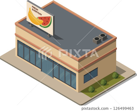 Isometric supermarket with sign on roof 126499463