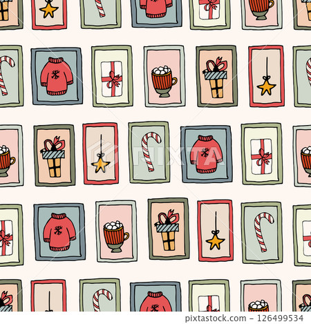 Doodle Christmas framed portraits christmas elements hanging on wall.  126499534