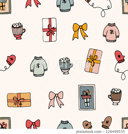 Seamless Christmas pattern with cute doodle elements. Seamless Christmas pattern with cute doodle elements. 126499535