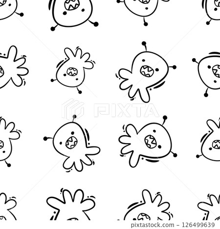 Seamless childish pattern with cute aliens. Hand drawn doodle style. Alien pattern, kids pattern in doodle hand drawn style. 126499639