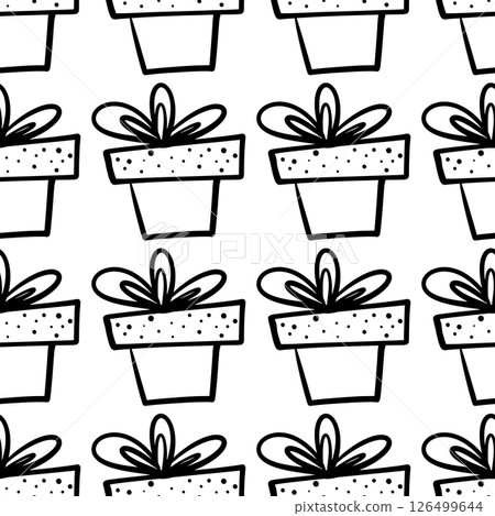 Doodle seamless pattern gift boxes on white backdrop.  126499644
