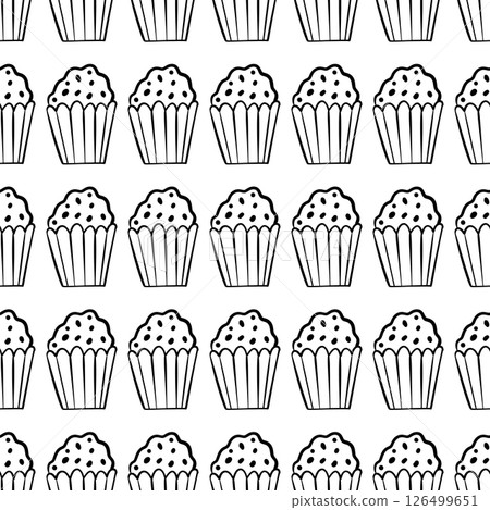 Doodle seamless pattern with muffins in outline, cartoon pastries or popcorn flat vector illustration Doodle seamless pattern with muffins in outline, cartoon pastries or popcorn flat vector illustration 126499651