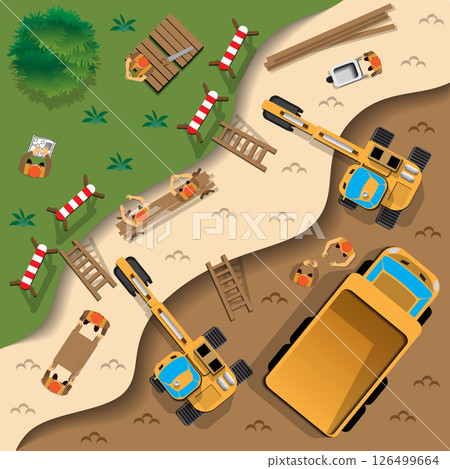 Work at the quarry. View from above. Vector illustration. Work at the quarry. View from above. Vector illustration. 126499664