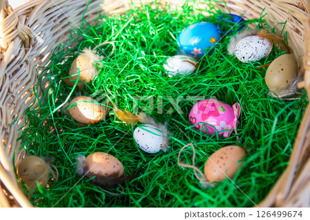 Color Easter eggs in the straw basket with green grass inside in sunny spring day. Color Easter eggs in the straw basket with green grass inside in sunny spring day. 126499674
