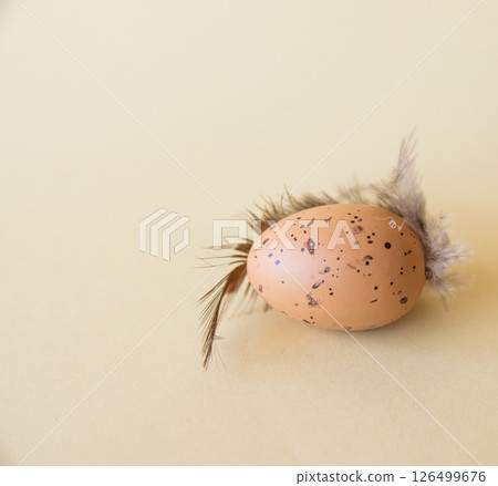 Easter little egg with feather on beige natural background. Copy space. Easter little egg with feather on beige natural background. Copy space. 126499676