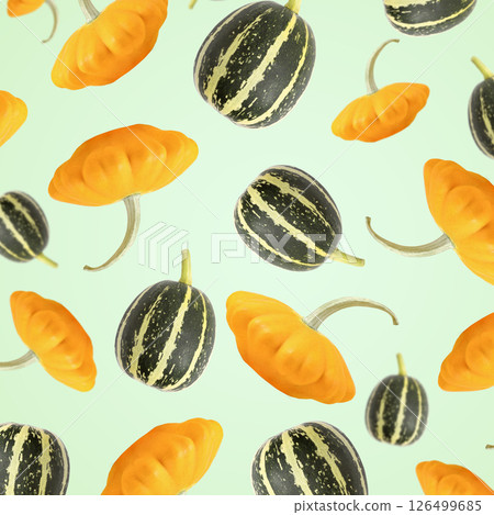Stack of vegetables set. Orange and striped green bush pumpkins on green background. Halloween, design, autumn. Design element for product label, catalog print. Stack of vegetables set. Orange and striped green bush pumpkins on green background. Halloween, design, autumn. Design element for product label, catalog print. 126499685