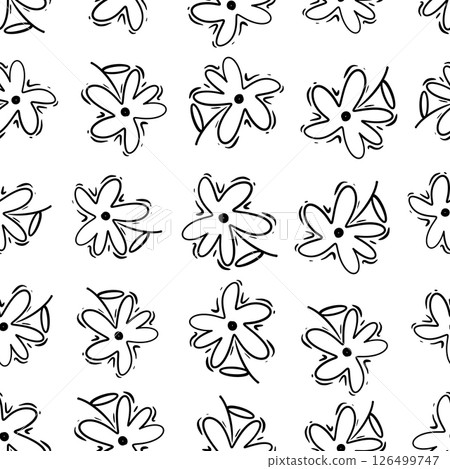 Childish cute seamless pattern. Doodle daisy flowers pattern. Hand-drawn, childish cute seamless design. 126499747