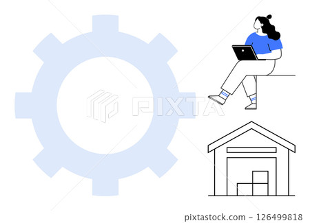 Woman sitting with laptop, large gear, warehouse with boxes. Ideal for workflow automation, logistics, remote work, industry processes, productivity, technology integration, and operations planning 126499818