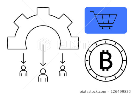 Gear signifying processes distributing to three figures, shopping cart on blue background, Bitcoin coin. Ideal for business, teamwork, e-commerce, cryptocurrency, digital transactions, process Gear signifying processes distributing to three figures, shopping cart on blue background, Bitcoin coin. Ideal for business, teamwork, e-commerce, cryptocurrency, digital transactions, process 126499823