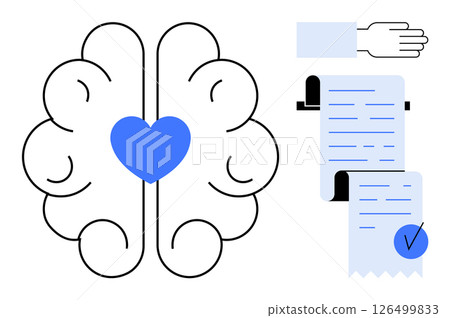 Blue heart in brain center underscores mind-heart connection, document with checkmark signifies validation or certification. Ideal for mental health, emotional intelligence, psychological 126499833