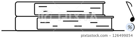 Two stacked books accompanied by a musical note and percentage symbol. Ideal for education, music, literature, learning, study, academic achievements, creative arts. Line metaphor Two stacked books accompanied by a musical note and percentage symbol. Ideal for education, music, literature, learning, study, academic achievements, creative arts. Line metaphor 126499854