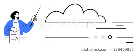 Person holding document points to cloud diagram with a pointer. Ideal for presentations, data visualization, cloud services, education, technology discussions, business planning, and IT training Person holding document points to cloud diagram with a pointer. Ideal for presentations, data visualization, cloud services, education, technology discussions, business planning, and IT training 126499855