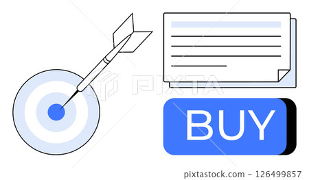 Target with arrow in bullseye, stack of documents, large blue Buy button. Ideal for marketing strategies, sales tactics, customer acquisition, business goals, advertising, e-commerce, market Target with arrow in bullseye, stack of documents, large blue Buy button. Ideal for marketing strategies, sales tactics, customer acquisition, business goals, advertising, e-commerce, market 126499857
