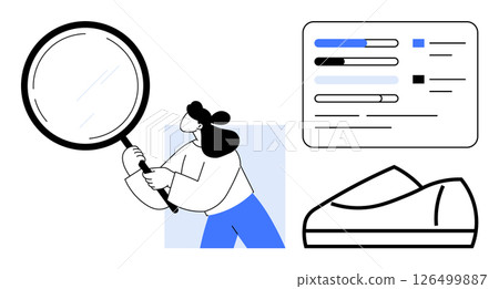 Character holding magnifying glass, investigating data graph with bars and a sneaker. Ideal for research, analysis, data visualization, market study, product review, academic study, consumer 126499887