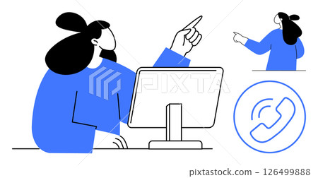 A woman in blue is pointing while interacting with a computer monitor. She is seen in two close-ups, one emphasizing speaking. Ideal for presentations, remote work, communication, technology, office 126499888