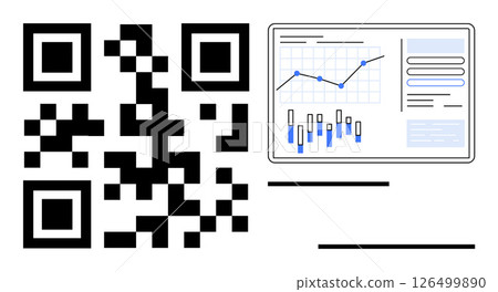 QR code beside analytics dashboard displaying line and bar charts, and data panels. Ideal for technology, business, data analysis, marketing, finance, app development, and digital security 126499890