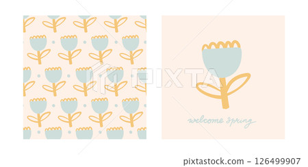 Doodle hand drawn flowers vector print and patterns. Seamless pattern with doodle flower. Minimalistic kids textile pattern  126499907